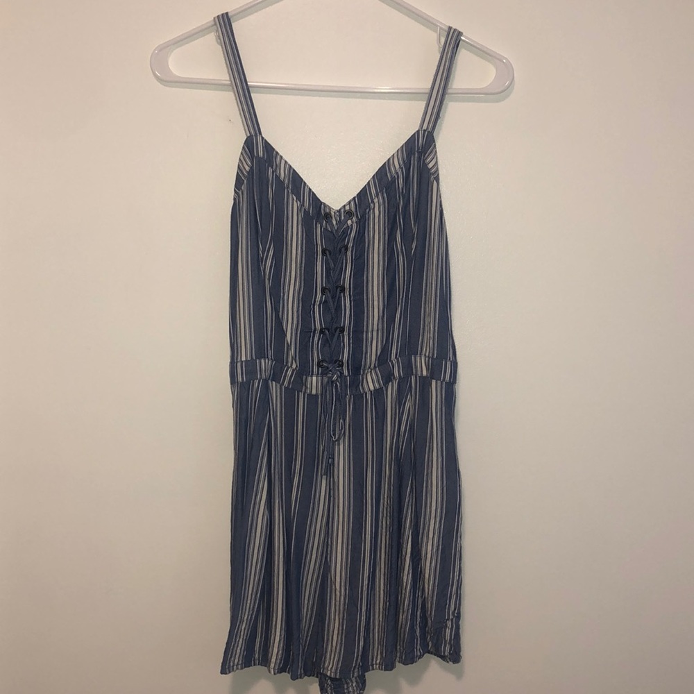 blue and white striped romper